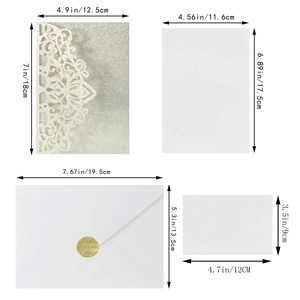 Detailed size specifications for pink glitter laser-cut wedding invitation card set