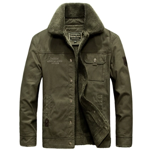 Men's winter sherpa lined military green jacket with thick cotton twill and chest embroidery