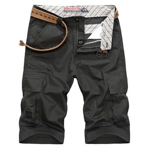 Short cargo pour hommes gris foncé avec plusieurs poches et ceinture tressée en coton