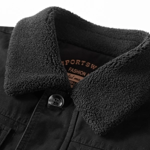 Men's winter black canvas jacket with thick grey fleece collar and classic buttons