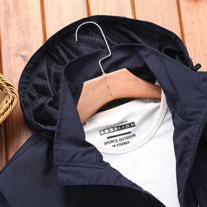 Men's navy waterproof hooded jacket with breathable mesh lining and fashion outdoor style