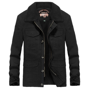 Men's winter fleece jacket in black canvas with four utility pockets and warm collar