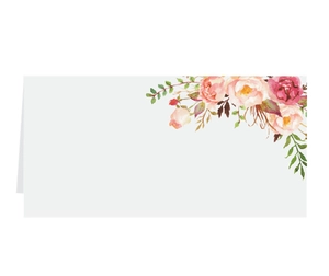 Dettaglio segnaposto matrimonio bianco con stampa di rose e fiori acquerello