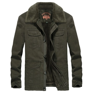 Men's army green heavy canvas jacket with warm fleece lining and four flap pockets
