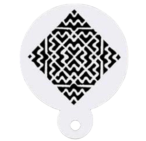 White PET stencil template with symmetric geometric pattern and hanging handle for cake decor