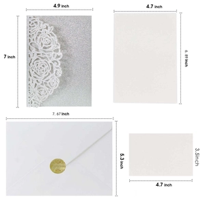 Silver glitter laser cut rose wedding invitations set with envelopes and seals