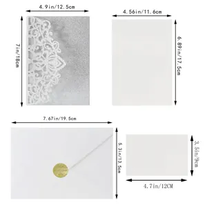 Size chart showing laser cut glitter silver invitation sleeves with precise measurements