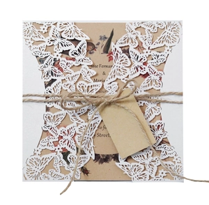 Invitations de Mariage Papillon Découpe Laser Papier Perlé Carte Ajourée Avec Feuilles Intérieures en Papier Kraft Enveloppes Corde de Chanvre pour Mariage Fête