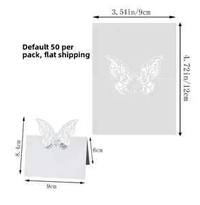 Detailed size chart for white laser-cut butterfly place cards with folded dimensions