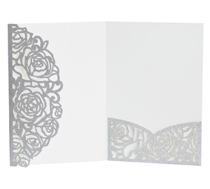 Detailed laser-cut silver glitter wedding invitation card with elegant rose floral patterns