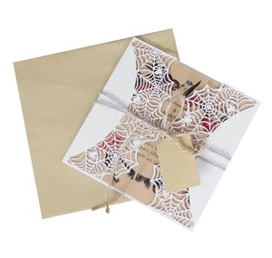 Close-up of laser-cut spider web invitation with retro card and kraft envelope