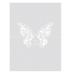 Detail of laser cut hollow butterfly place card with elegant filigree pattern and fold line
