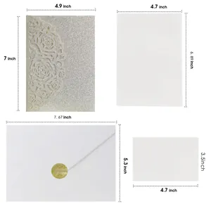 Size chart for laser-cut silver glitter wedding invitation set with floral rose details