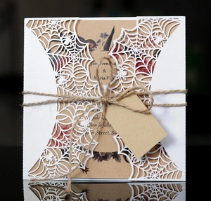 Close-up of laser-cut spider web card with vintage floral insert and rustic twine