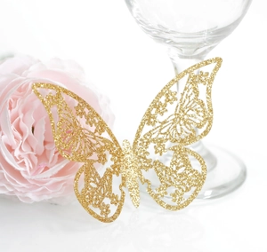 Mariposa dorada con purpurina cortada con láser para decoración de fiestas y eventos