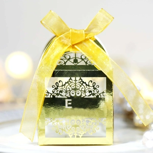 Elegant Laser Cut Hollow Letter E Pearlescent Paper Favor Box With Ribbon For Wedding Birthday Party Candy Gift Packaging
