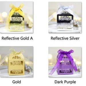 Elegant laser cut moon candy boxes with ribbons in gold, silver, and purple finishes