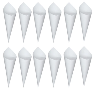 Set of 12 white paper wedding petal cones in a neat symmetrical grid layout for DIY decor