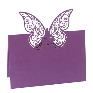Elegant laser-cut purple butterfly place card for wedding tables and party seating