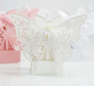 Detailed view of laser-cut butterfly wedding favor box with elegant silk ribbon bow