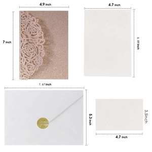 Detailed dimension layout of laser-cut rose gold wedding invitation set components