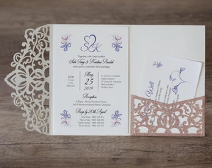 Detail view of laser-cut floral pattern and glitter pocket on elegant wedding invitation