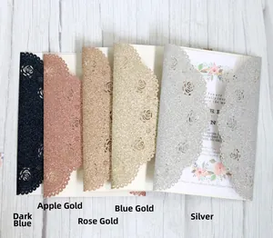 Laser cut rose floral glitter wedding invitations in navy, gold and silver color options