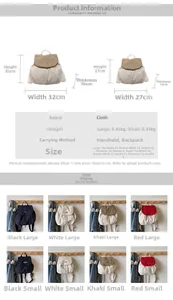 Size comparison chart showing dimensions and weight for large and small canvas backpacks