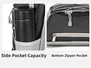 Detail of outdoor backpack side mesh pocket for bottle and bottom zipper pocket