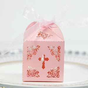 Elegant pink laser cut candy gift box with hollow cross and rose floral pattern
