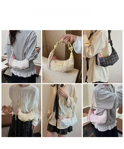 Collage of model carrying crescent moon bags in various colors and checkerboard patterns