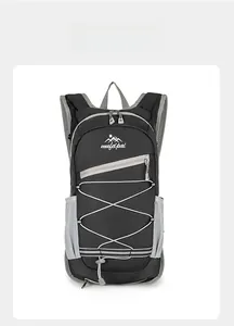 Front view of hiking backpack showing mufelpai logo and adjustable elastic bungee cords