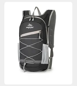 Detail of outdoor backpack with elastic drawstring and reflective straps for cycling
