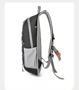 Side view of outdoor cycling backpack showing mesh pockets and orange buckles