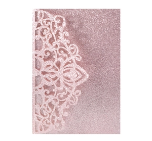 Detailed laser-cut vine patterns on rose gold glitter paper wedding invitation cover