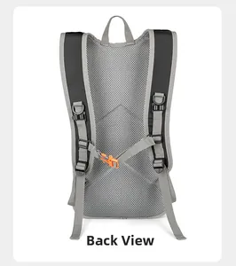Outdoor cycling backpack detail featuring breathable mesh back and orange chest buckle