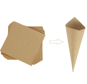 Macro view showing the process of folding a square kraft paper into a cone shape