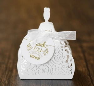 Detailed laser cut white favor box with elegant girl silhouette and Thank You tag