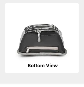 Outdoor sports backpack detail showing bottom zip compartment and grey ripstop mesh fabric