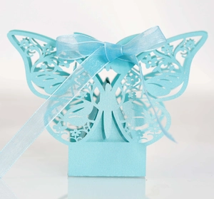 Sky blue laser cut butterfly candy box with elegant ribbon for wedding favors