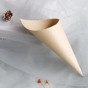 Brown kraft paper cone for wedding confetti or flower petals on white mesh