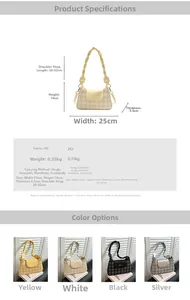 Detailed size specifications and color options for the checkered PU leather shoulder bag