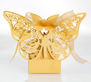 Laser cut butterfly candy box in bright gold finish with matching organza ribbon bow
