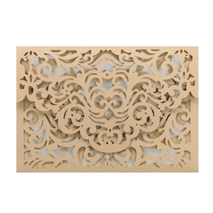Laser-cut champagne gold wedding invitation envelope with intricate European patterns