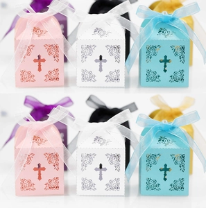 Detailed laser-cut gift box with hollow rose and cross patterns and organza ribbon bow