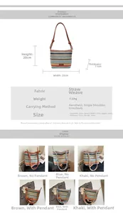 Détail du sac seau en paille tissée avec motif à rayures et dimensions spécifiques
