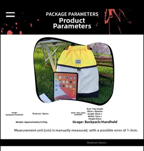 Detailed chart showing nylon backpack dimensions 42x40x13cm and 0.25kg lightweight spec