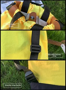Detailed views of the yellow drawstring backpack showing buckle closure and adjustable strap