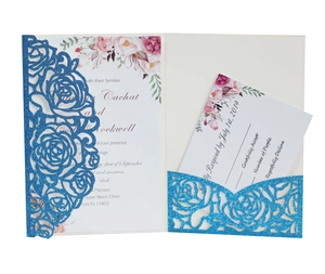Blue glitter laser cut wedding invitation set with rose patterns and floral inner page