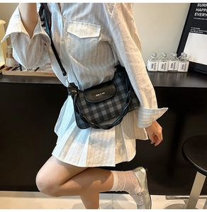 Close-up of a checkered crossbody bag featuring a leather flap and braided handle details